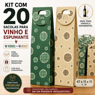 Kit 20 Sacolas Para Vinho Espumante Presente Luxo Premium 47x11x11cm Verde Bege