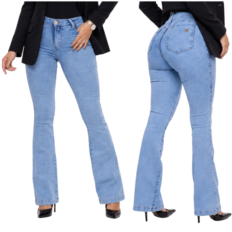 Calça Jeans Flare Boca De Sino Feminina Cintura Alta Modeladora Empina Bumbum com Lycra Premium
