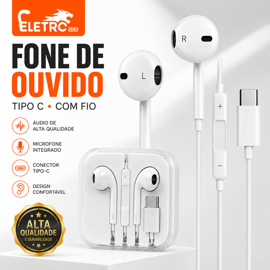 Fone de Ouvido USB-C Tipo C com Microfone Original Eletromex para iPhone 15 16 S