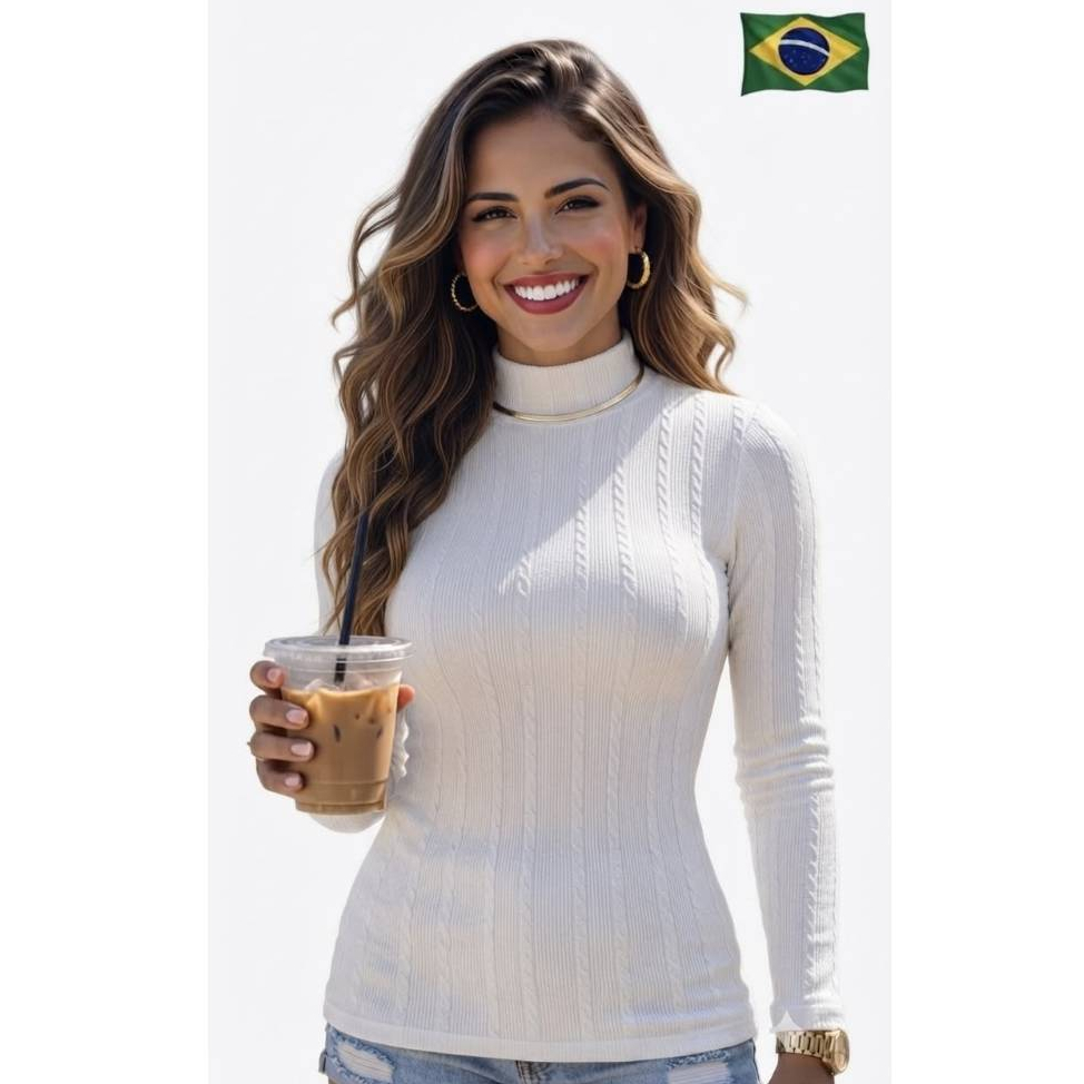 Blusa Feminina Canelada Gola Alta Manga Longa Básica Casual Ajustada Confortável Poliéster 3D