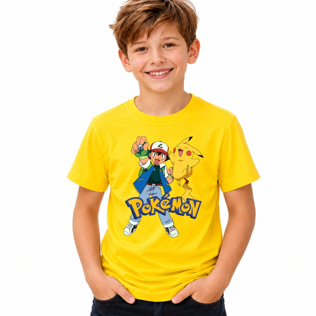 Camiseta do Pokemon Ash e Pikachu Infantil em Algodão Premium Blusa Menino Juvenil e Adulta