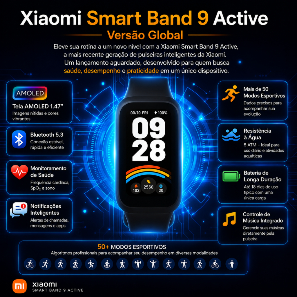 Smart Band 9 Active Xiaomi – Relógio Inteligente Global Rosa e Preto
