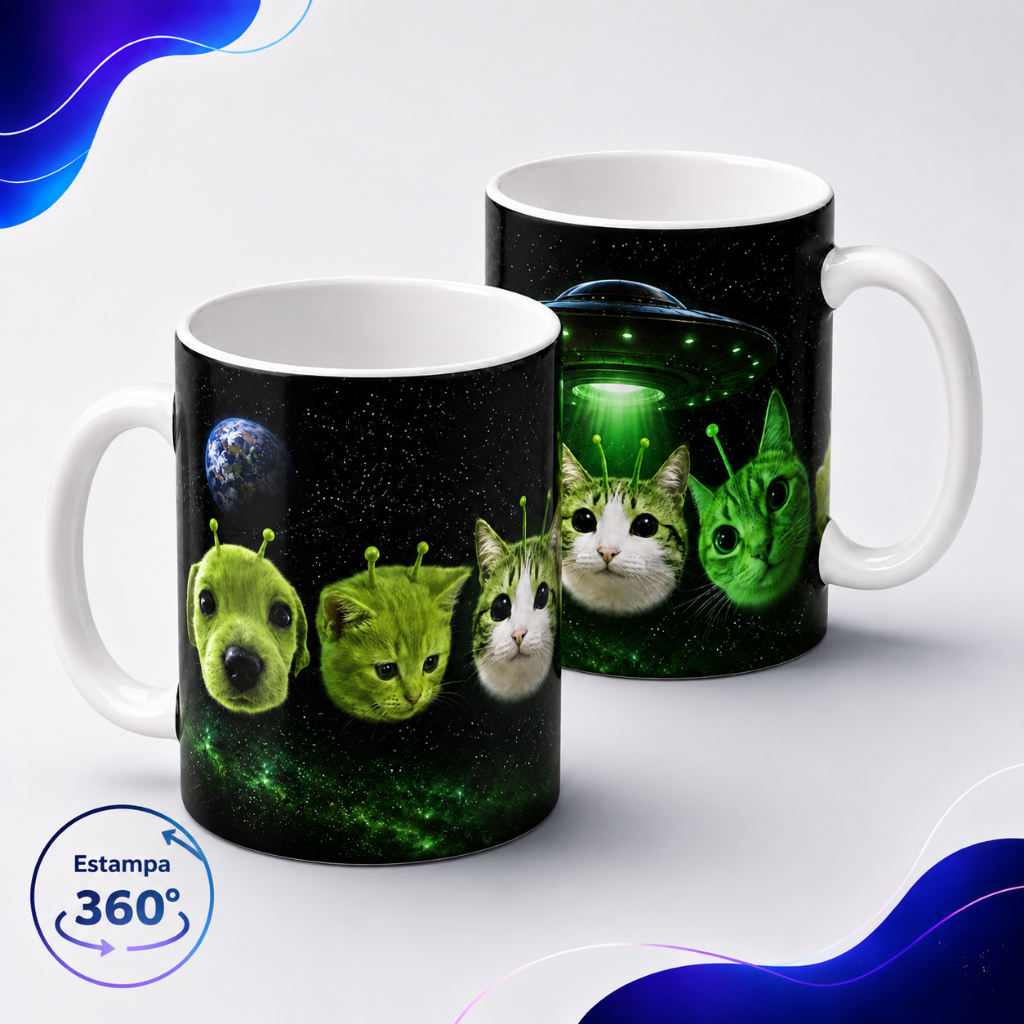 Caneca Gatinho Alienigena Meme Estampa 360° 325ml Com Alça