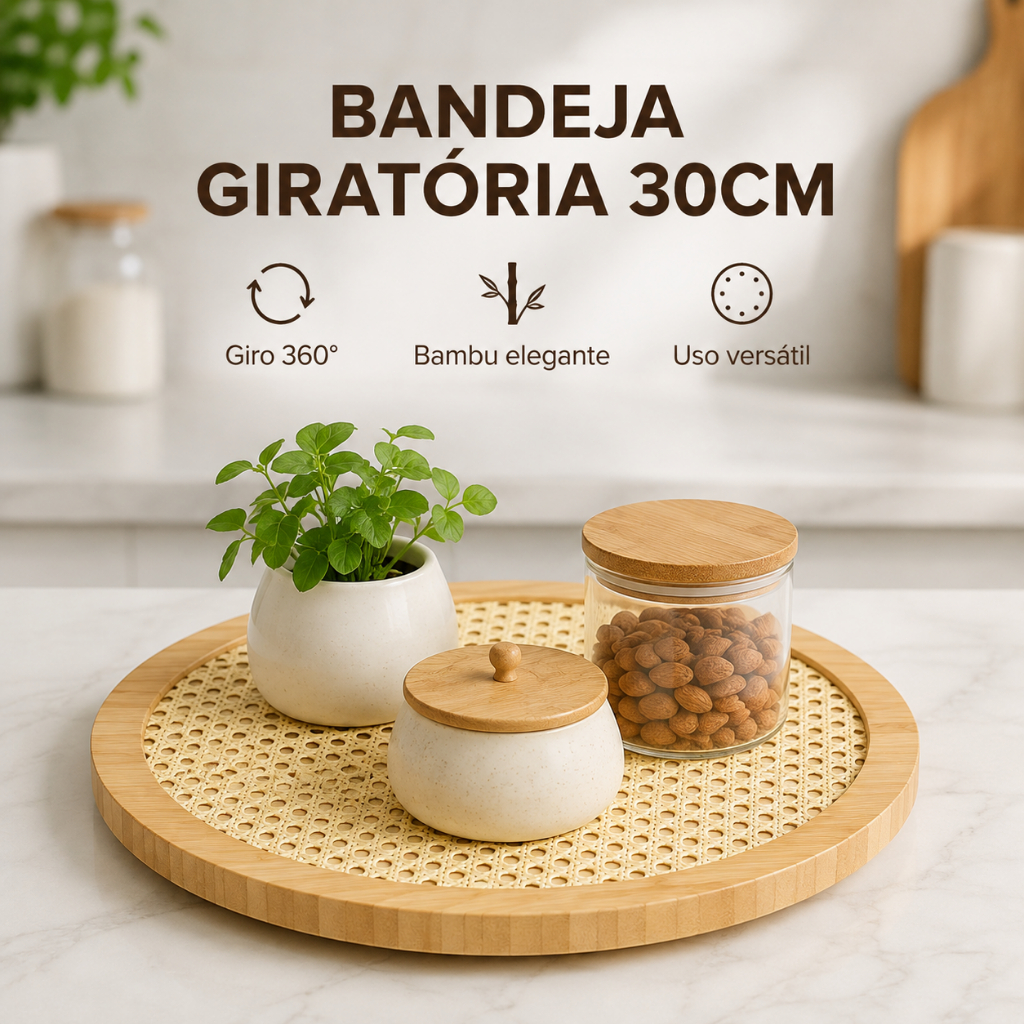 Bandeja Giratória de Bambu 30cm Redonda com Fundo Trançado para Cozinha Mesa e Organização