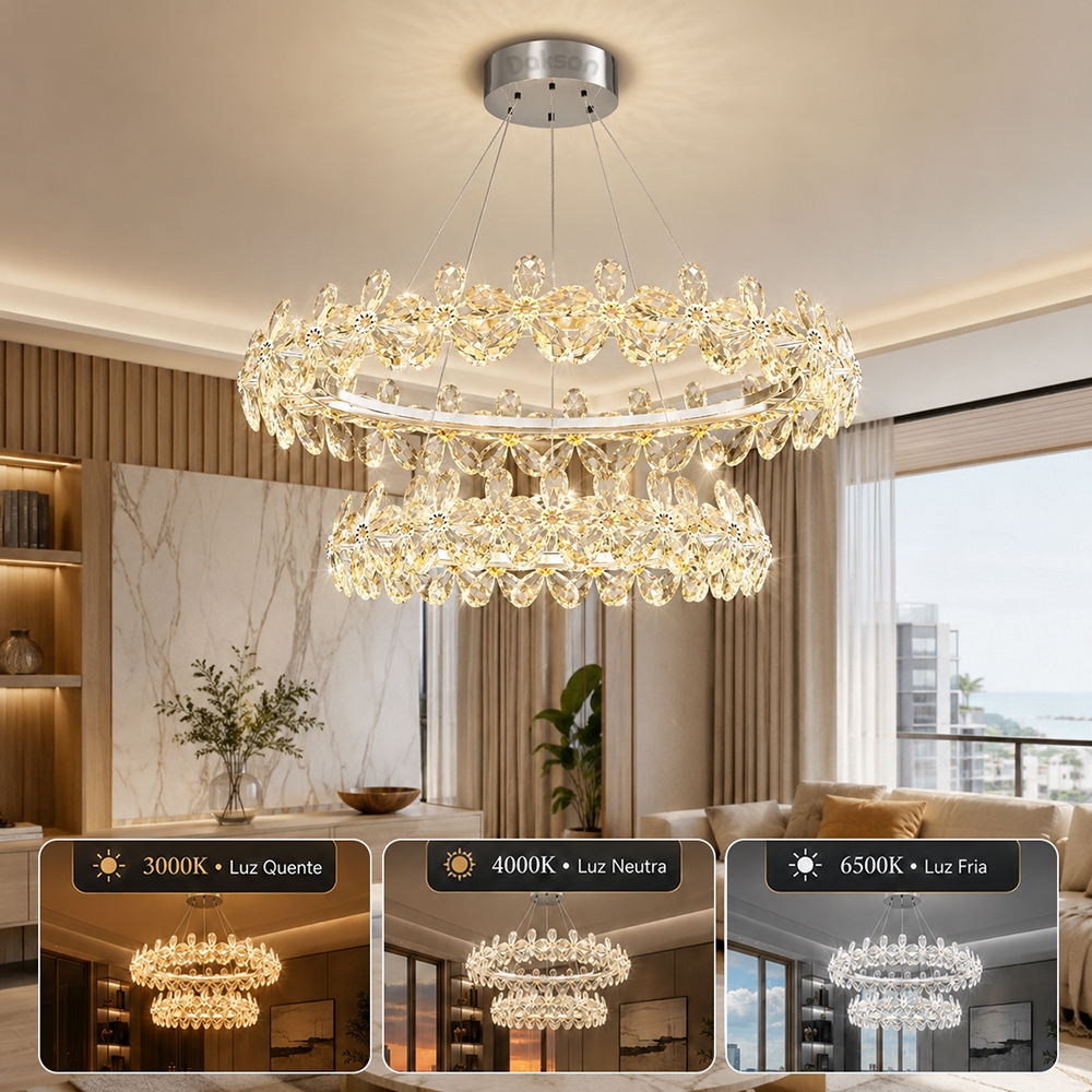 Lustre Pendente LED Cristal K9 Duplo 178W 3 Cores com Brilho Ajustável 100/60cm Com Controle Remoto