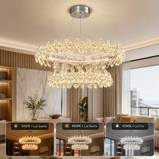 Lustre Pendente LED Cristal K9 Duplo 178W 3 Cores com Brilho Ajustável 100/60cm Com Controle Remoto