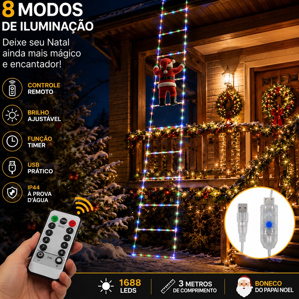 LED de Papai Noel Luzes Subindo Escadas RGB 3,00 Metros 3 Opções de Cores