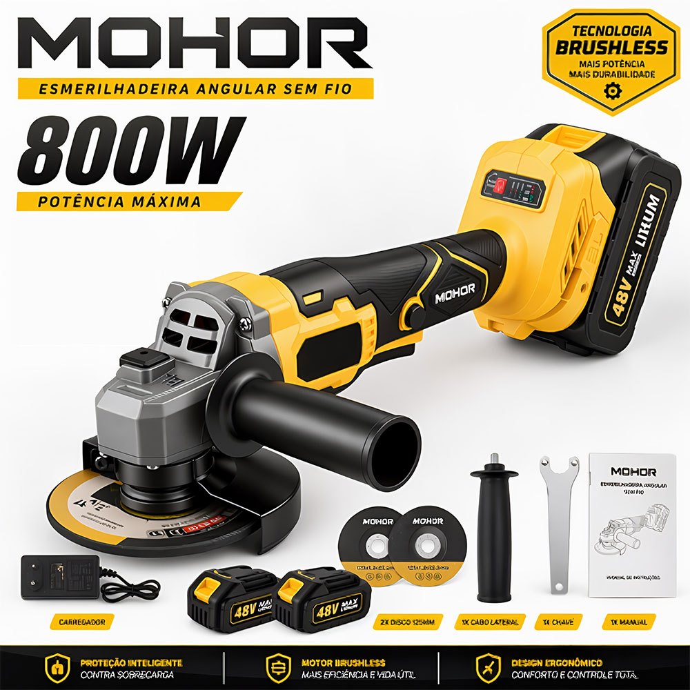 MOHOR Esmerilhadeira Profissional 48V 125mm 5 Polegadas com 2 Baterias e Kit de Acessórios