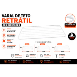 Varal de Teto Retrátil Aço Reforçado 100cm 120cm 90cm ate 15KG
