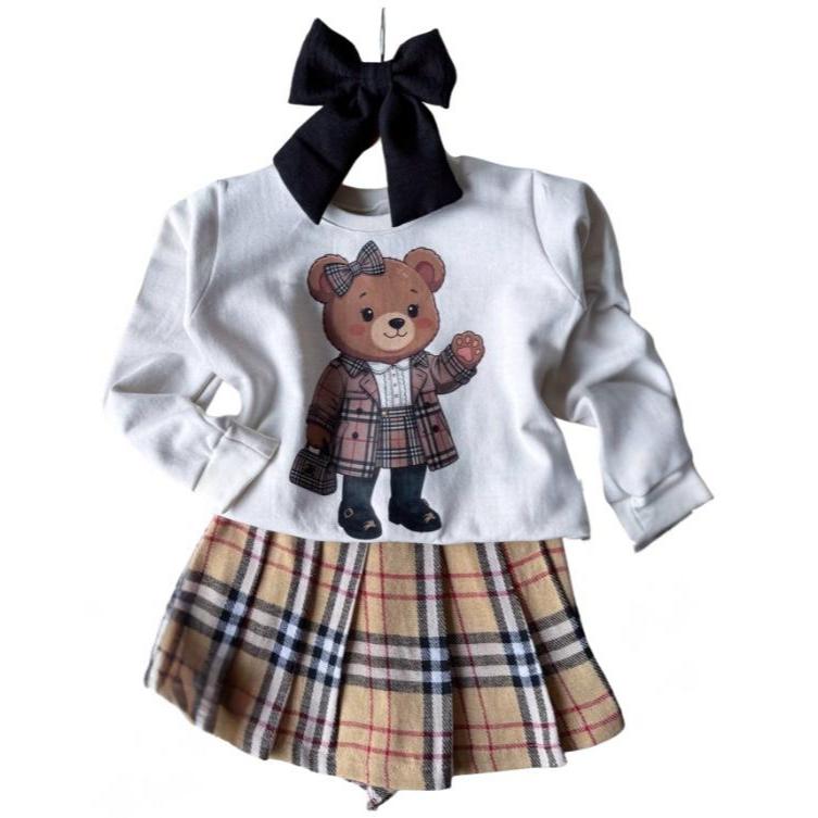 Conjunto infantil menina Blusa em moletom e saia short com estampa de ursinho delicado para inverno