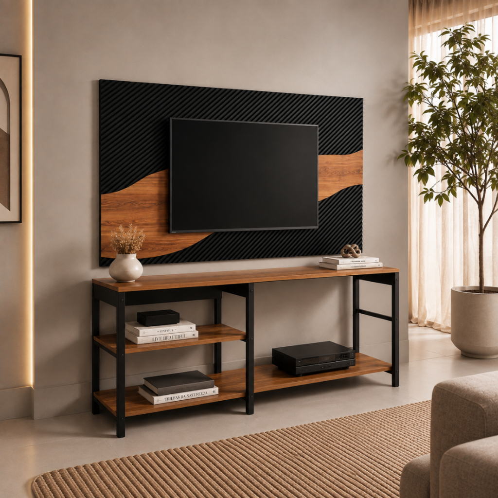 Rack e Painel Home Theater para TV até 50 Polegadas para Sala Estilo Industrial Preto com Detalhe Amadeirados