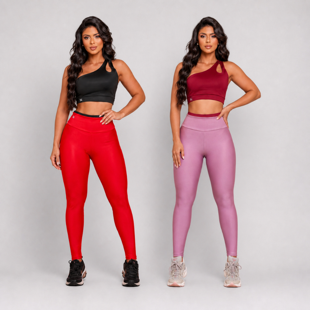 Conjunto Fitness Feminino Academia Crossfit 2 Peças Bicolor Cropped Assimétrico e Legging Cintura Alta