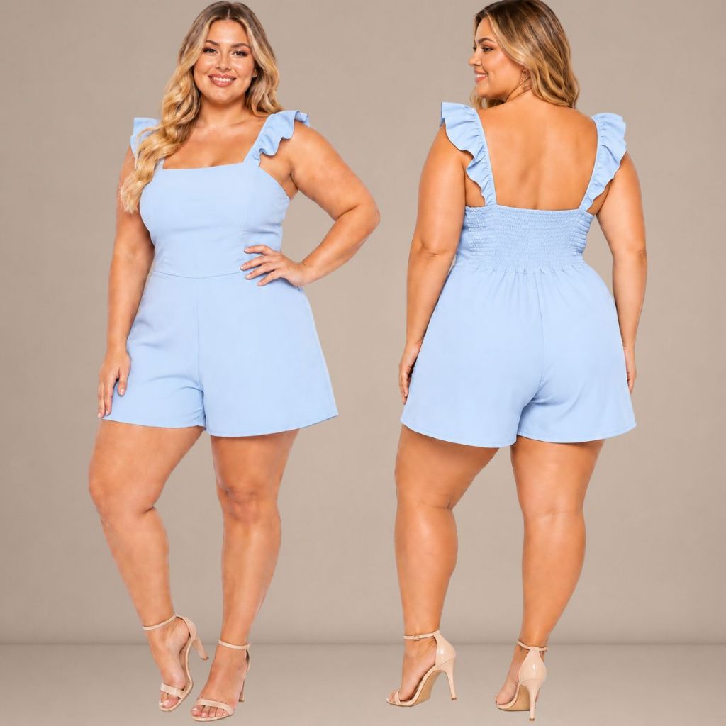 Macaquinho Plus Size Feminino Com Lastex Nas Costas e Babado Elegante Decote Quadrado Soltinho Curto Com Alça Babado.