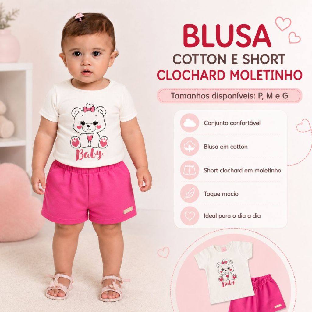 Conjunto Menina Blusa Short Clochard Roupa Infantil Bebê Criança Algodão Moletinho Feminino Verão