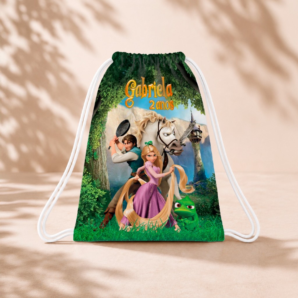 10 Mochila Personalizada Infantil 18x26 Sacolinhas Surpresa Festa Aniversário Lembrancinha Enrolados Rapunzel M1