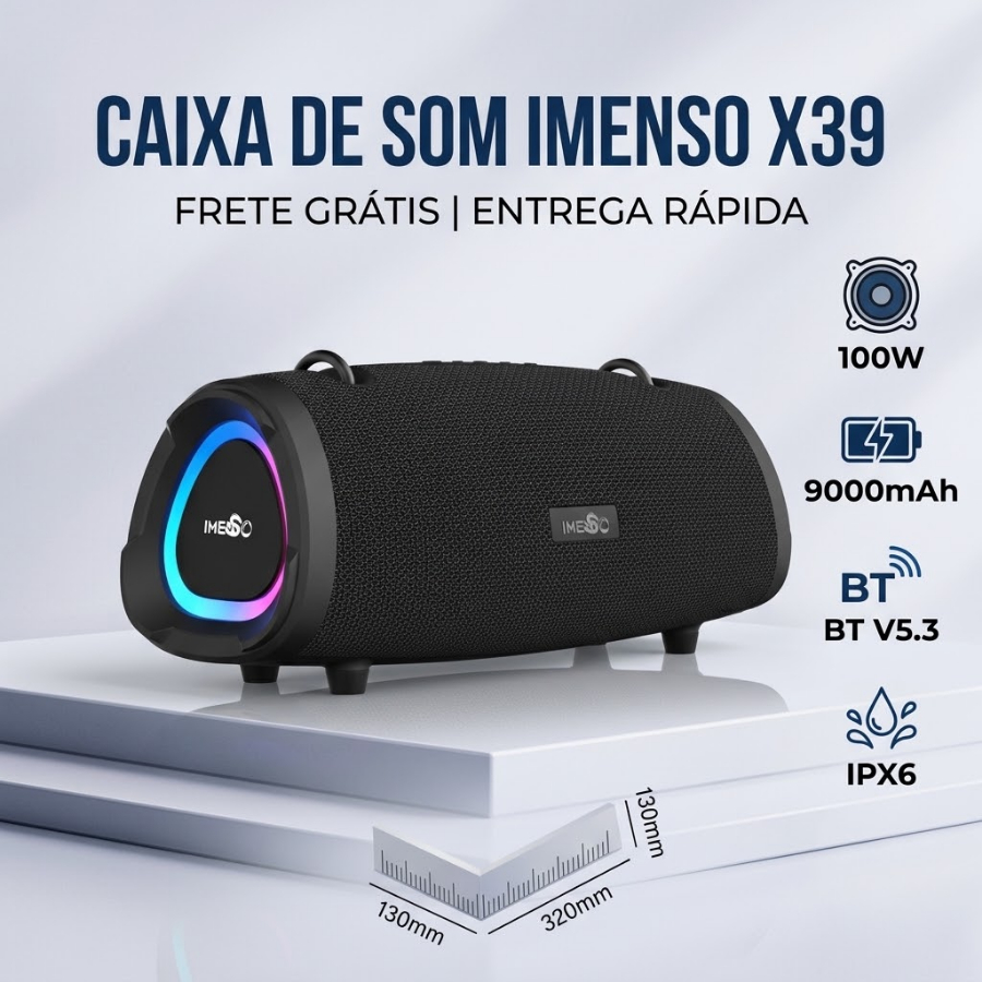 Caixa De Som Imenso X39 Potente 100w Bluetooth 5.3 Ipx6 Rgb 127/220v BIVOLT 12 Horas de Reprodução Bateria de 9000mAh