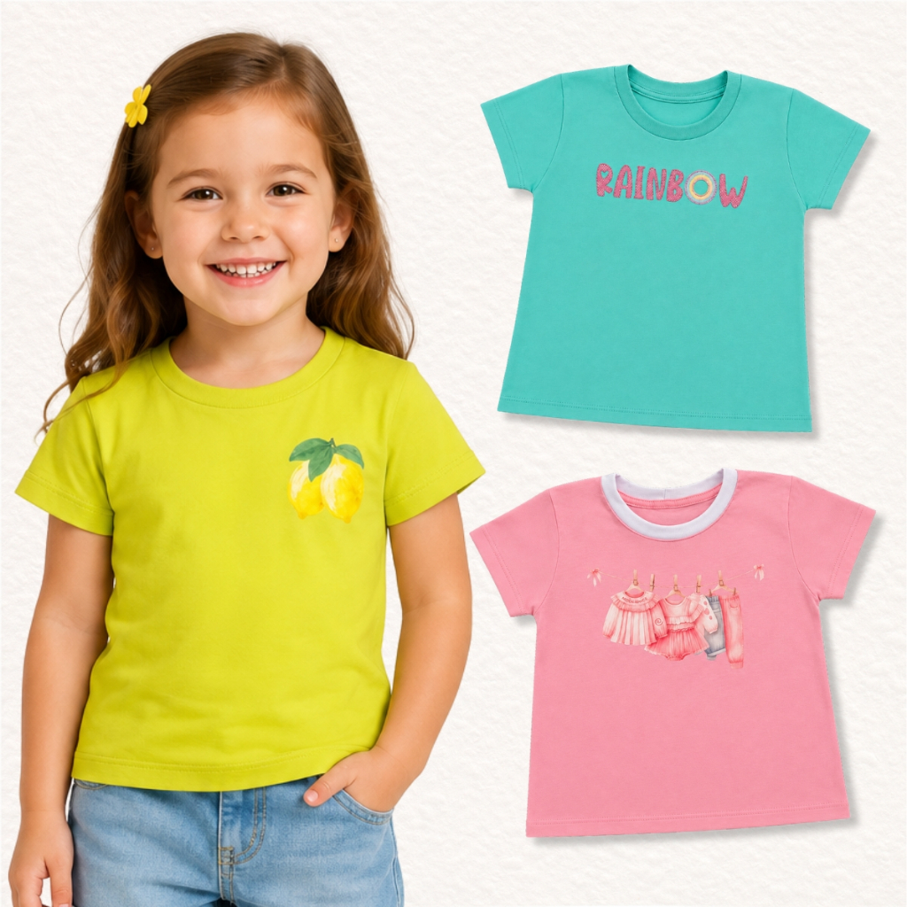 Kit 3 Blusas Manga Curta Camisetas Estampada Sortido Feminina Infantil Algodão Menina-Tamanhos 4 AO 14