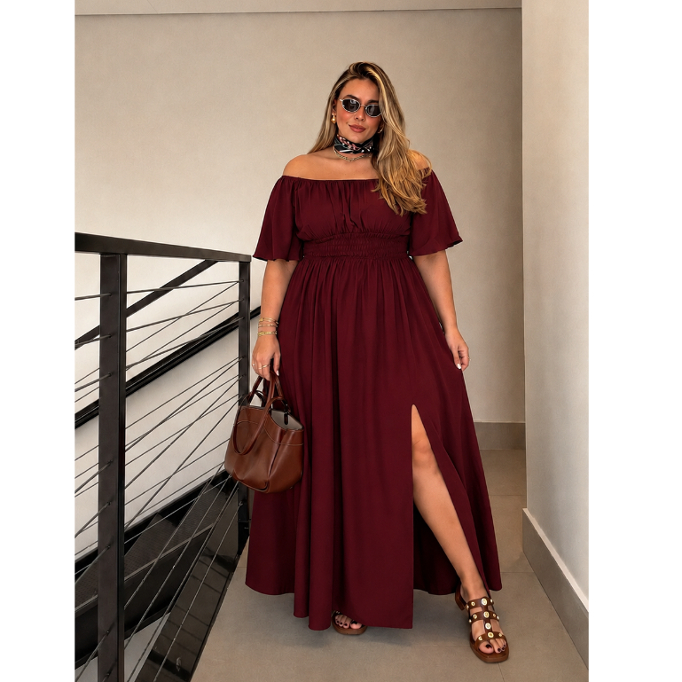 Vestido Longo Feminino Plus Size Fenda Lateral Elegante Confortável Ombro a Ombro Casual Afina Cintura