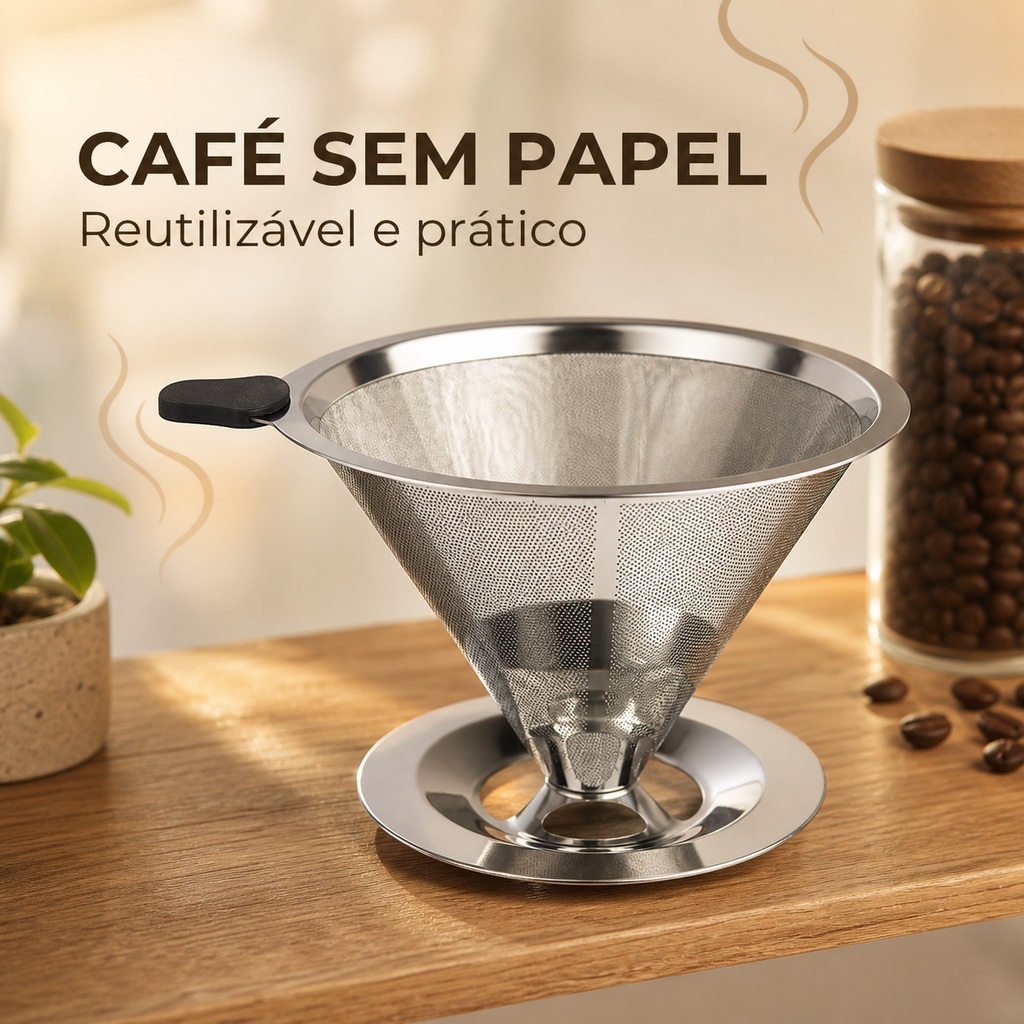 Filtro Coador de Café Inox 103 Grande Reutilizável Com Pegador em Silicone Pour Over Peneira Aço Reutilizável