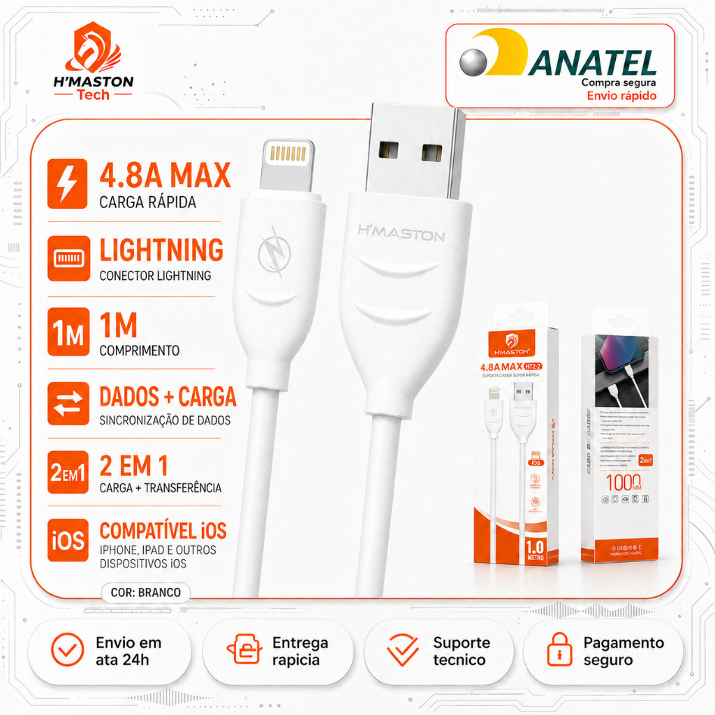 H'Maston H72-2 4.8A Cabo De Iphone Cabo Carregador Iphone Cabo Lightning Cabo Iphone 1 Metros