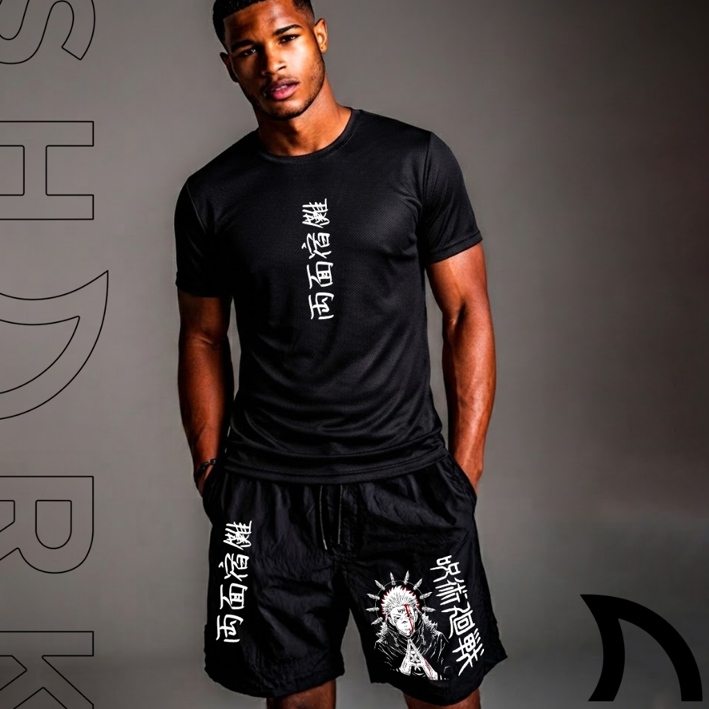 Conjunto Masculino Kit Camiseta Dry Fit E Short Bermuda Tactel Treino Academia Esportivo Anime Manga Sukuna Leve