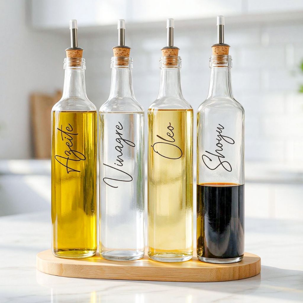 Galheteiros de Vidro 525ml com Bico Dosador Cortiça para Azeite, Vinagre, Óleo, Shoyu e Pimenta / Variações e Kit