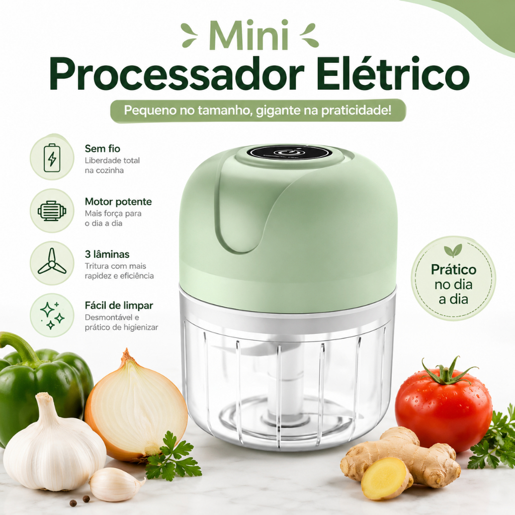 Mini Processador Elétrico Recarregável USB – Prático e Potente para sua Cozinha
