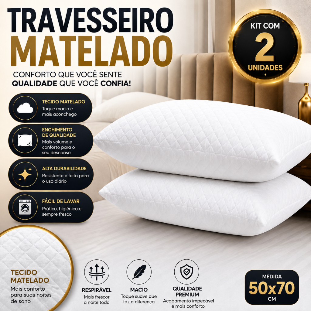 Kit 2 Travesseiros Matelados 50x70cm Macios e Confortáveis para Cama