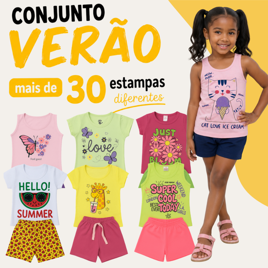 Kit com 6 Peças Roupa Infantil Menina Verão Conjunto Sortido Estampado 3 Camisetas + 3 Shorts Regata Estiloso Feminino