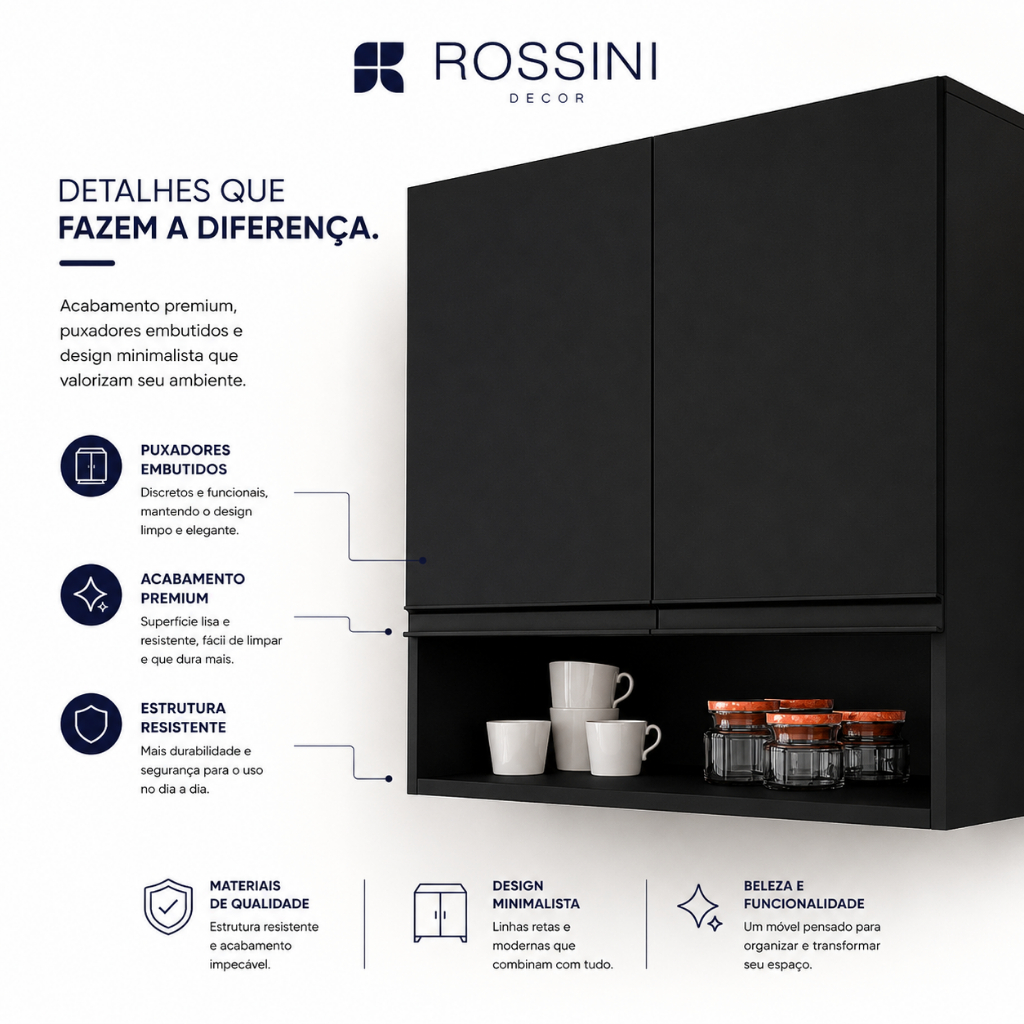 Armário Aéreo Multiuso 60x60 2 Portas com Nicho Preto Rossini Decor – Cozinha, Lavanderia, Banheiro e Escritório — imagem 2 de 2