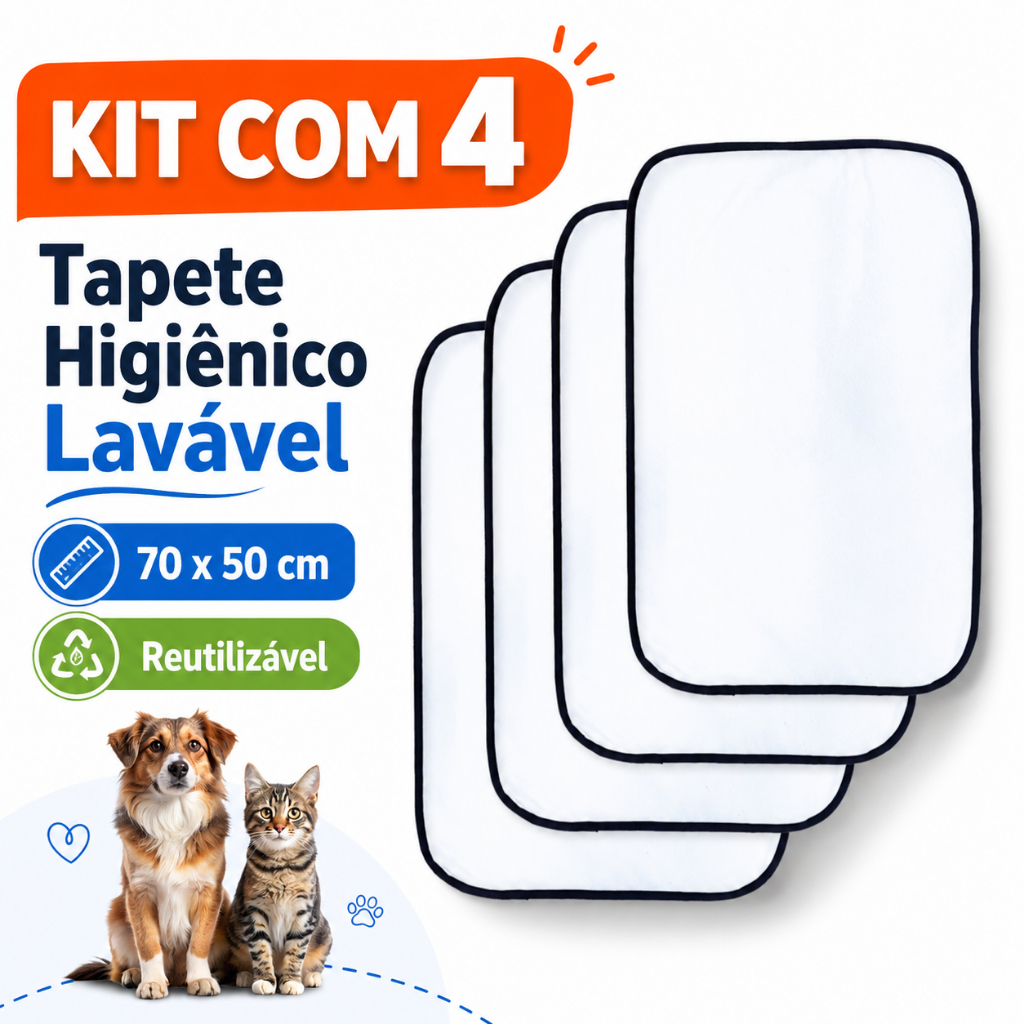 Kit 4 Tapetes Higiênicos Laváveis para Cachorro 70x50cm Impermeável Reutilizável Absorvente