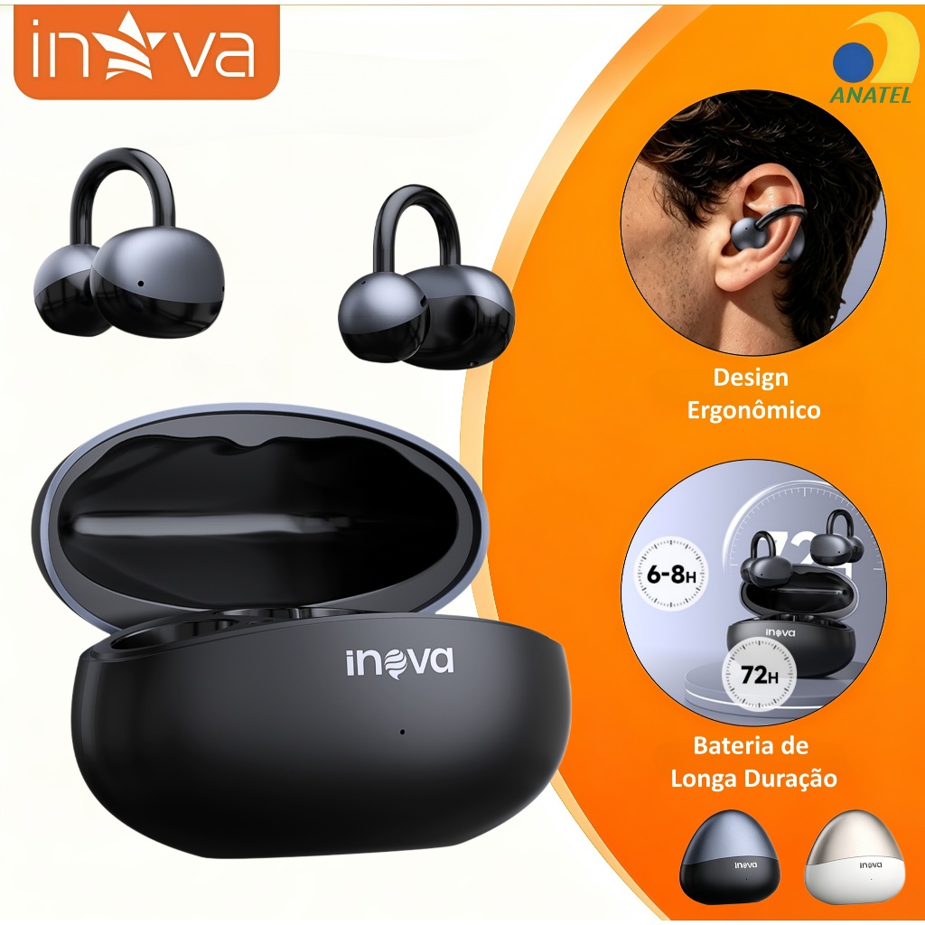INOVA Fone de Ouvido Clip-on Bluetooth 6.0 Cancelamento de Ruído ENC com Dois Microfones