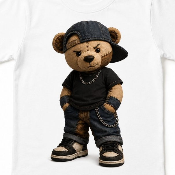 Camiseta Infantil Estilosa Urso Boné Jeans Streetwear  Juvenil 100% Algodão Premium personalizada ultra confortável