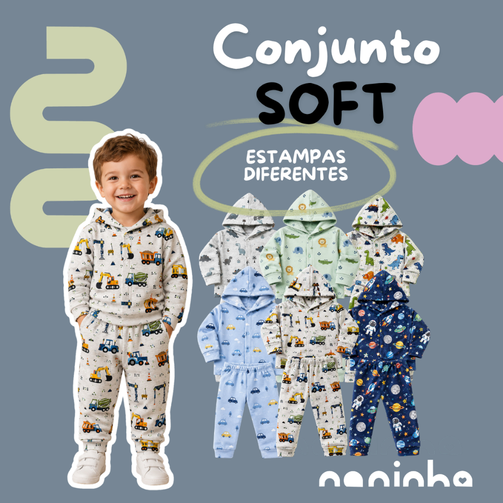 Kit 3 Conjunto de Roupa Sortido Infantil Menino Soft Estampado Bebê Inverno Quentinho - 6 Peças | P a 3 anos