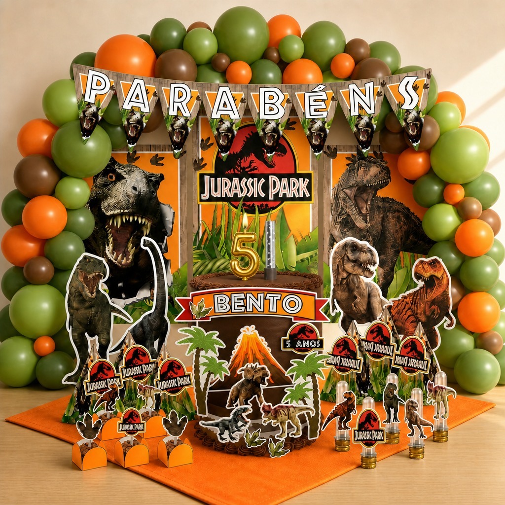 Kit Festa Mesversário Jurassic Park Dinossauro Personalizado 78 Itens Decoração Completa Bebê Lembrancinhas