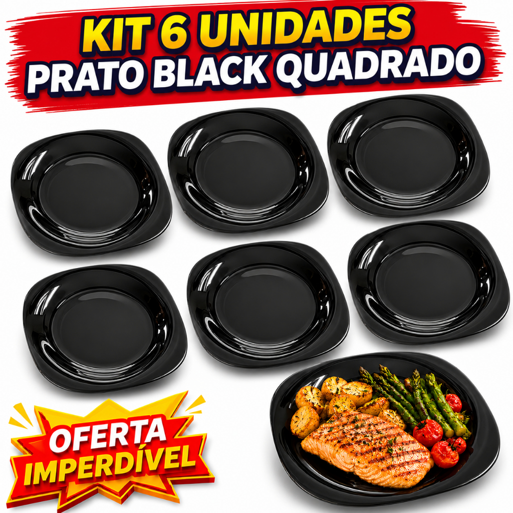 Kit Jogo de 6 Pratos Quadrado raso Preto Opaline black Liso  Vidro Temperado 26cm  Cozinha 06 hotel