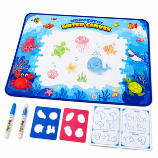 Tapete Mágico de Água Infantil Fundo do Mar 80x60cm Lousa Reutilizável 2 Canetas Moldes Livro de Atividades