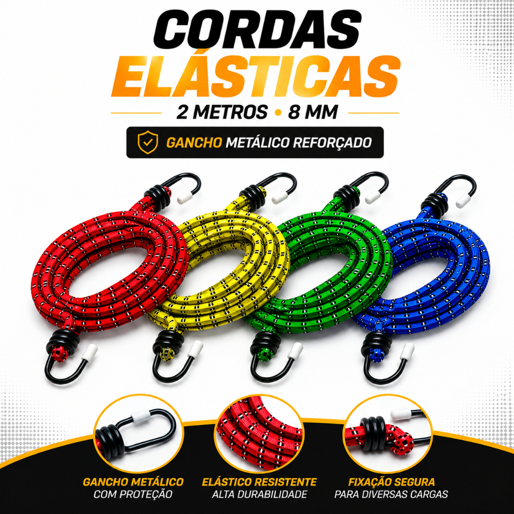 Kit 12/8/4 Elástico 2 Metros Reforçado Bagageiro Extensor Amarrar Carga Moto Bike Gancho Reforçado Cordinha