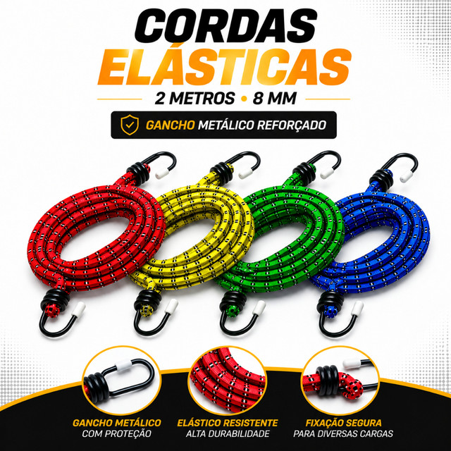 Kit 12/8/4 Elástico 2 Metros Reforçado Bagageiro Extensor Amarrar Carga Moto Bike Gancho Reforçado Cordinha
