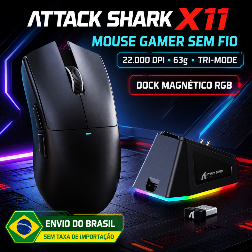Mouse Gamer ATTACK SHARK X11 Sem Fio Tri-Mode (2.4G/Bluetooth/USB) Sensor PixArt PAW3311, Base RGB