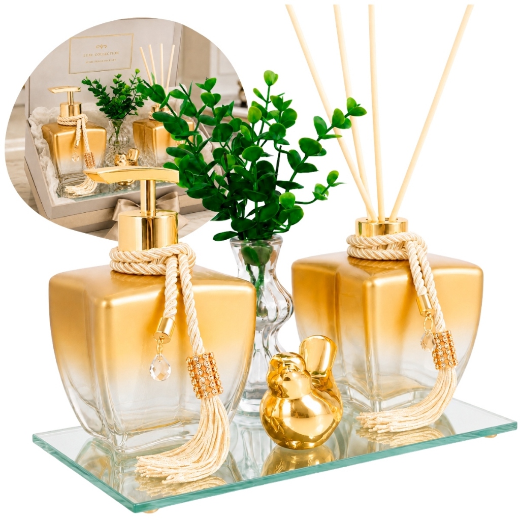 Kit Banheiro Lavabo Frascos de Vidro Estrela 280ml Decoração Super Luxo C/ Bandeja London