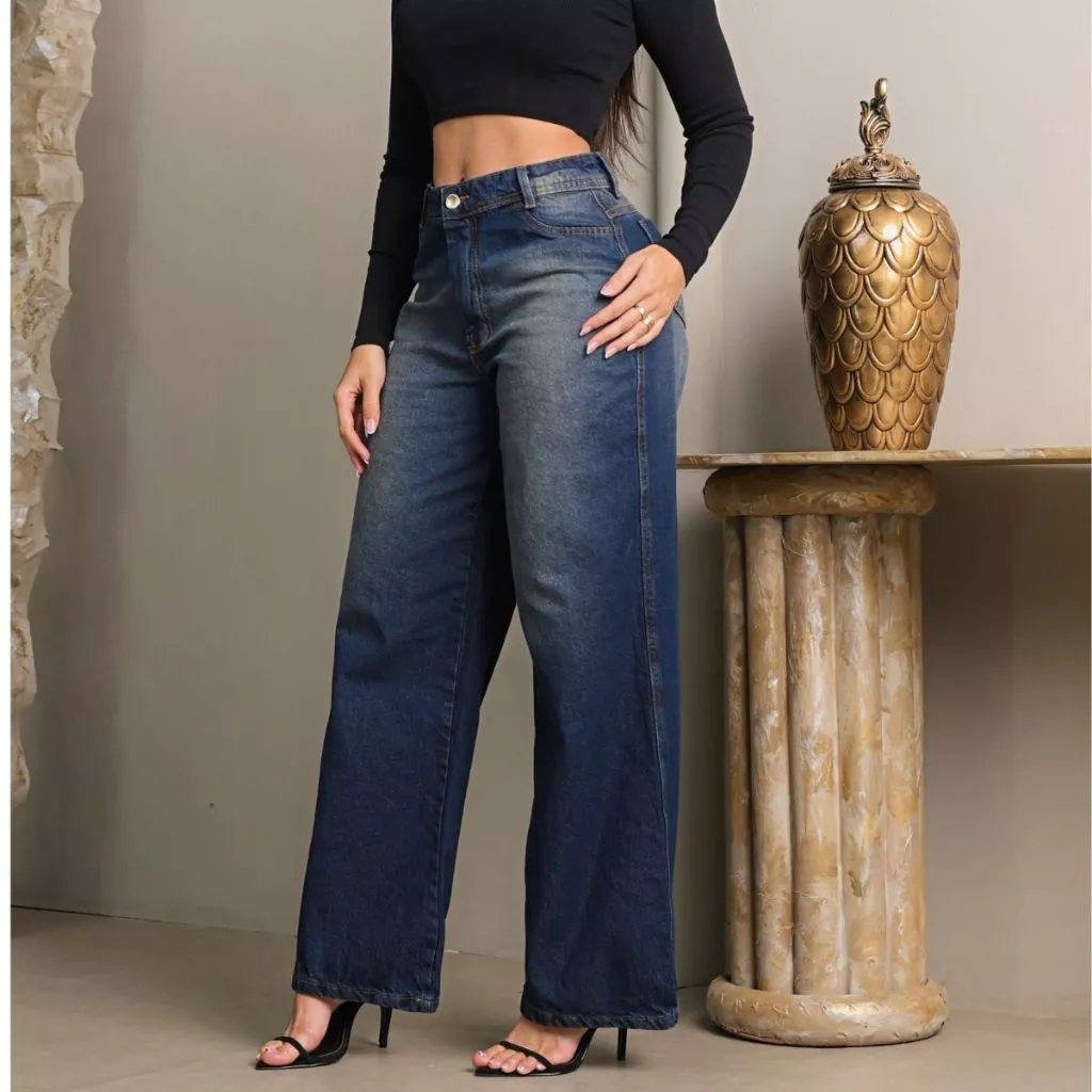 Calça Jeans Feminina Wide Leg Sobretinto 100% Algodão Marmorizada Cintura Alta Pantalona Linha Premium  Levanta Bumbum — imagem 1