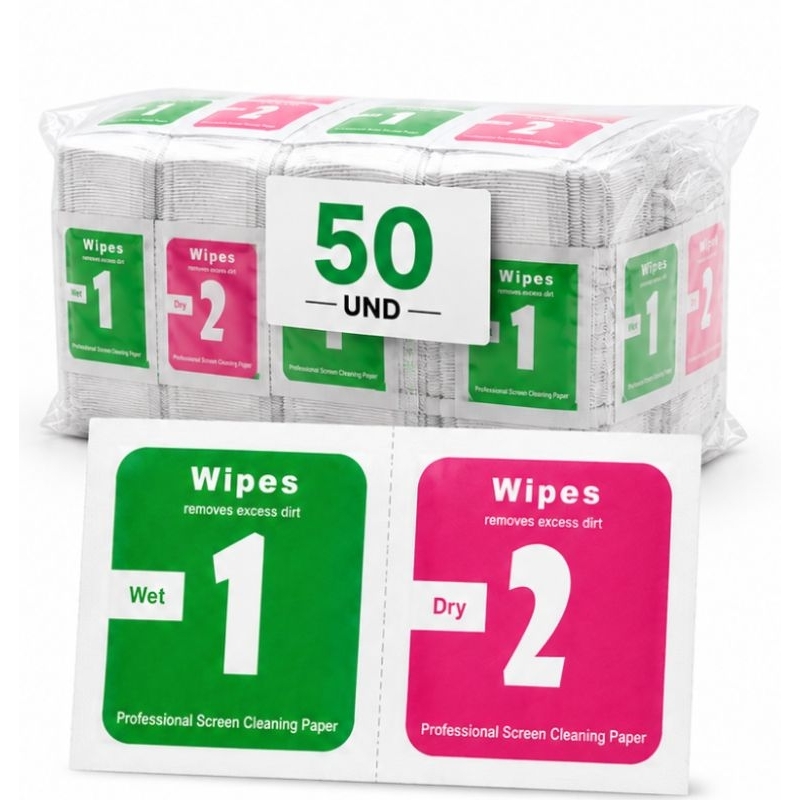 50 Paninhos (Kit Limpeza) Sachê Instalação Películas Limpeza Tela de Celular Relógio Óculos Multi Uso(25Verde+25Rosa)