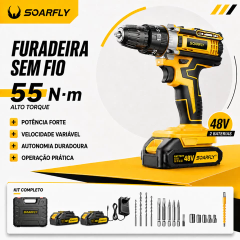 SOARFLY Parafusadeira Furadeira De Impacto Sem Fio 48V 2 Baterias Com Maleta e Acessórios Completo