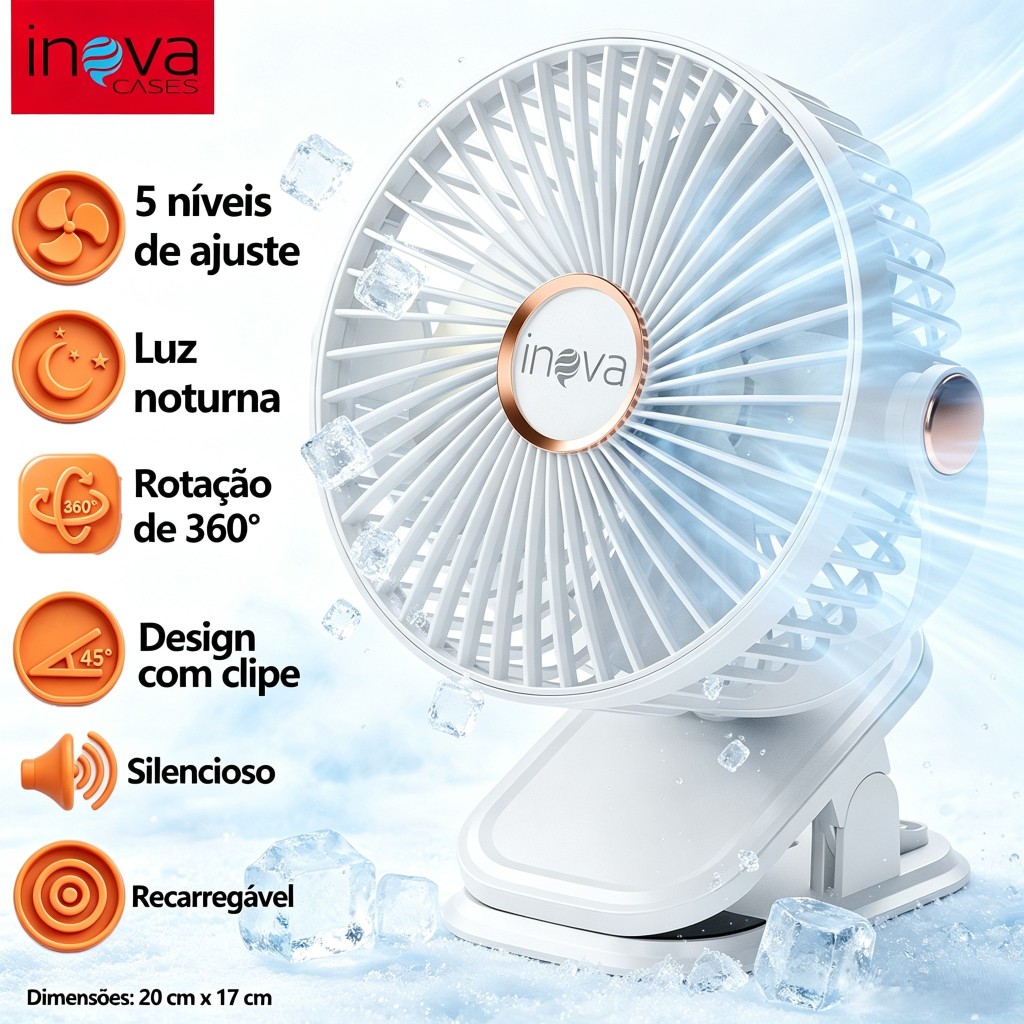 Inova Ventilador 5 Velocidades de Clip Recarregável Portátil Rotação 720°, Luz Noturna LED Silencioso Mesa/Clip/Pendurar