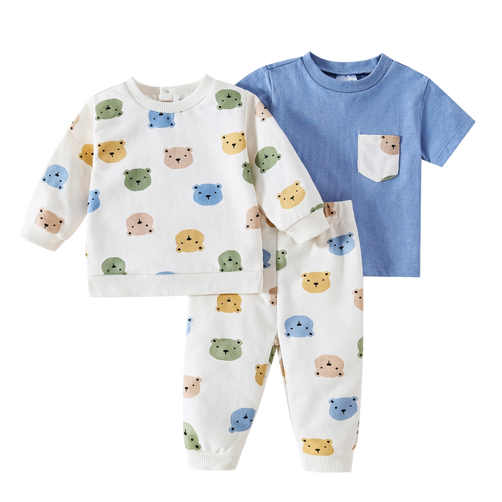 Conjunto Bebê 3 Peças Blusa Manga Longa Calça e Camiseta Azul Estampa Ursinhos Confortável