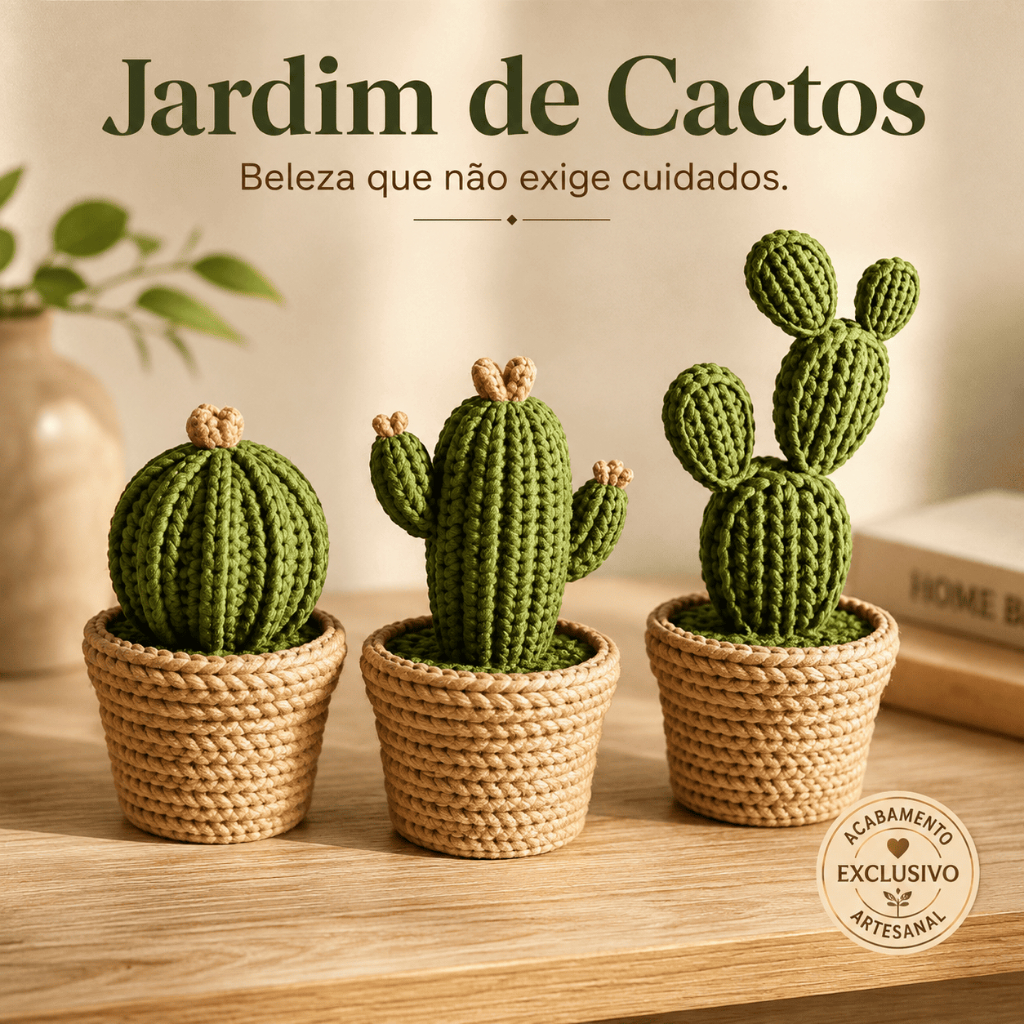 Kit 3 Cactos Decorativos Crochê com Vasos para Casa Escritório Jardim de Cactos