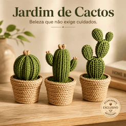 Kit 3 Cactos Decorativos Crochê com Vasos para Casa Escritório Jardim de Cactos