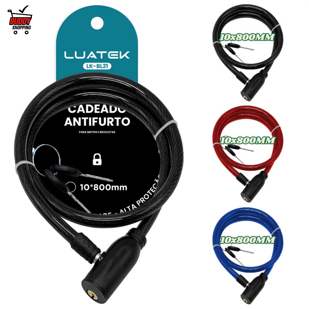 Cadeado Cabo de Aço Antifurto 10mm 80cm com 2 Chaves para Bicicleta Moto Patinete