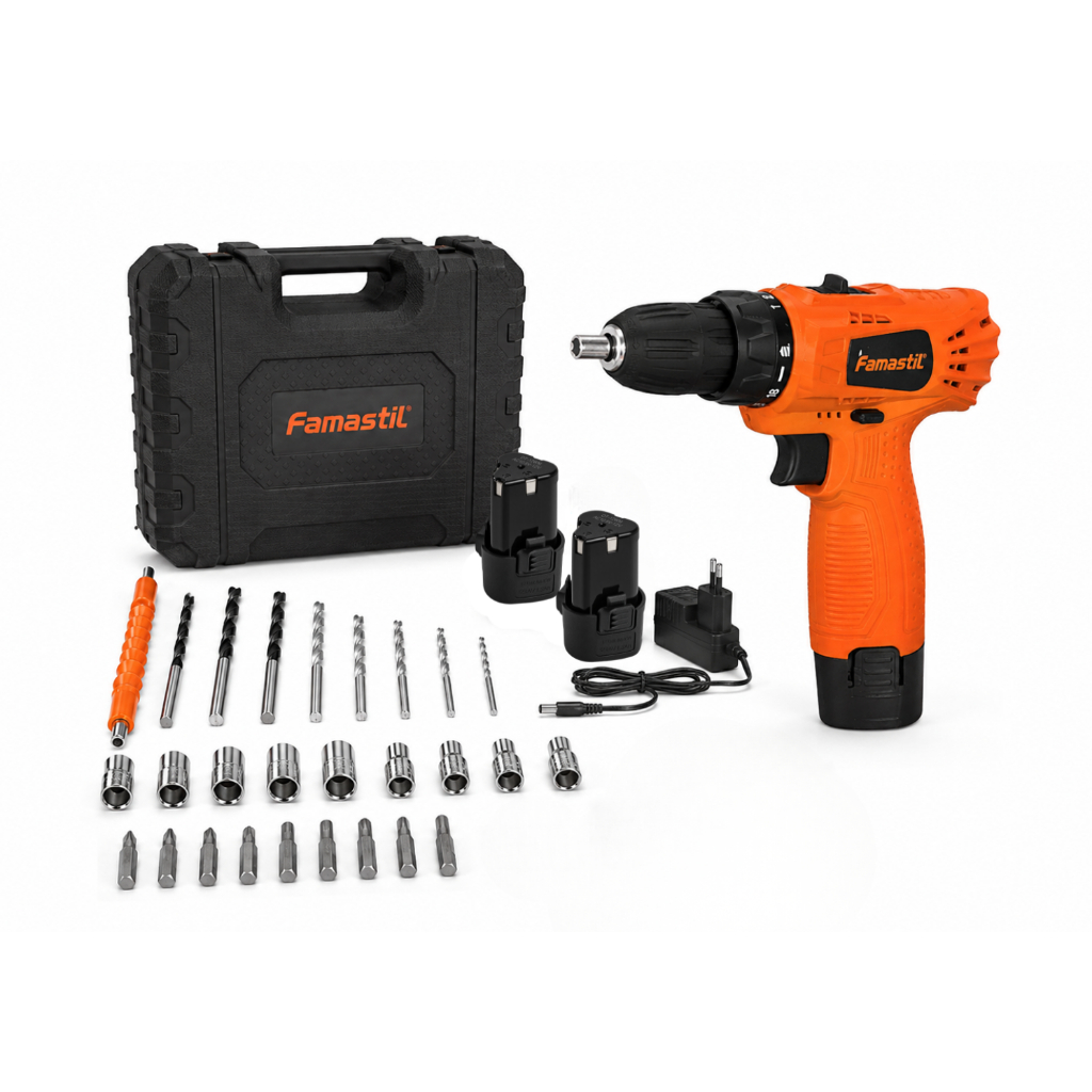 Parafusadeira Furadeira a Bateria 12v + Kit 30 Peças Famastil com 2 Baterias